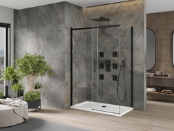 Mexen Omega καμπίνα ντους συρόμενη 130 x 70 cm, διάφανη, μαύρη + ντουζιέρα Flat,