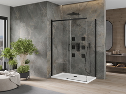 Mexen Omega klizni tuš s kliznim vratima 130 x 70 cm, transparentan, crn + Flat tuš kada, bijela - 825-130-070-70-00-4010B