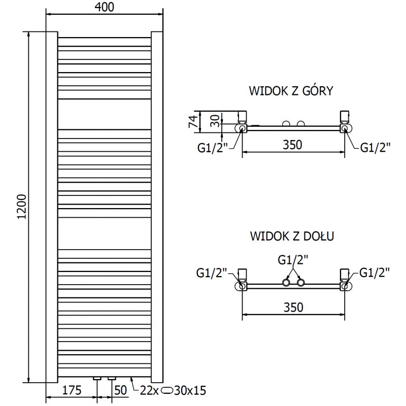 Mexen Hades Θερμαντικό σώμα μπάνιου 1200 x 400 mm, 373 W, χρυσό - W104-1200-400-00-50