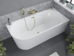 Mexen Mia freistehende Eckbadewanne rechts 140 x 75 cm, weiß, Überlauf gebürstet gold - 52691407500P-55