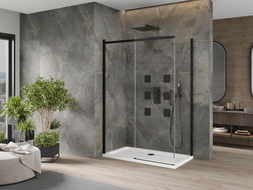 Mexen Omega drsna tuš kabina 140 x 80 cm, prosojna, črna + Flat tuš kad, bela - 825-140-080-70-00-4010B