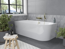 Mexen Mia freistehende Eckbadewanne links 140 x 75 cm, weiß, Überlauf gold - 52691407500L-50