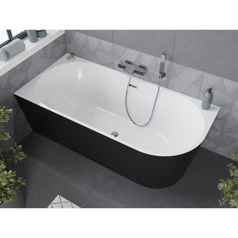 Mexen Mia vasca da bagno indipendente angolare sinistra 140 x 75 cm, bianca/nera, troppopieno cromato - 52691407575L-01