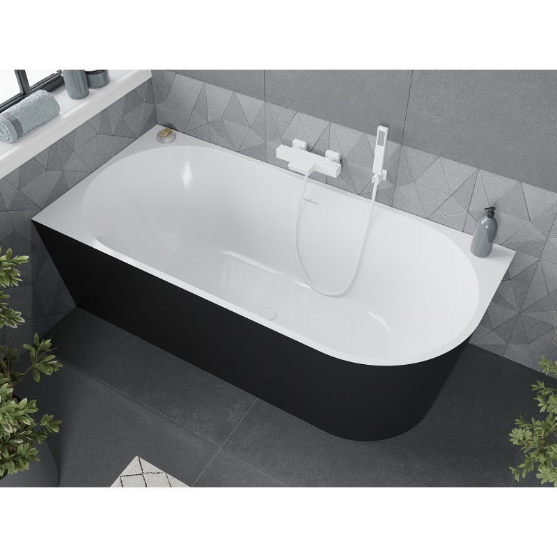 Mexen Mia freistehende Eckbadewanne links 140 x 75 cm, weiß/schwarz, weißer Überlauf - 52691407575L-20