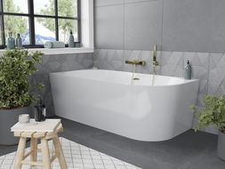 Mexen Mia vasca da bagno freestanding angolare sinistra 160 x 80 cm, bianca, troppo pieno dorato - 52691608000L-50