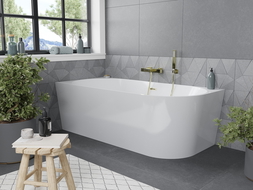 Mexen Mia freistehende Eckbadewanne links 160 x 80 cm, weiß, Überlauf gebürstet gold - 52691608000L-55