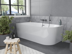 Mexen Mia vasca da bagno indipendente angolare sinistra 160 x 80 cm, bianca, troppopieno grigio canna di fucile spazzolato