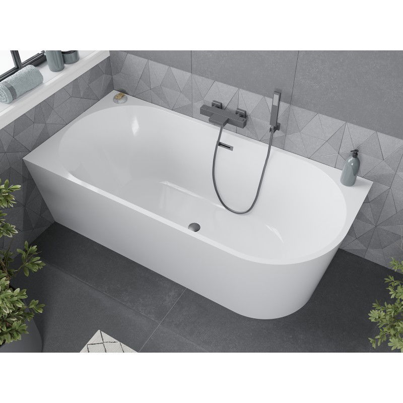 Mexen Mia baignoire autoportante d'angle gauche 160 x 80 cm, blanche, trop-plein gris canon brossé - 52691608000L-66