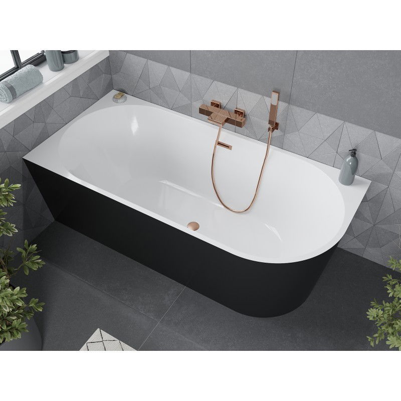 Mexen Mia vasca da bagno freestanding angolare sinistra 160 x 80 cm, bianco/nero, troppopieno in rame spazzolato