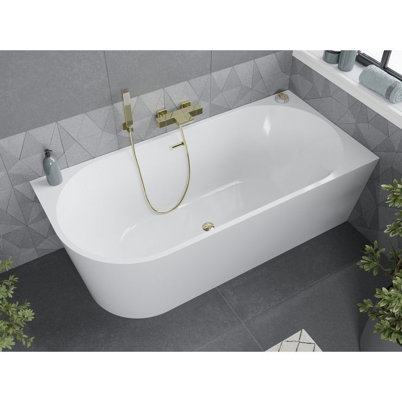 Mexen Mia vasca da bagno indipendente angolare destra 160 x 80 cm, bianca, troppopieno dorato - 52691608000P-50