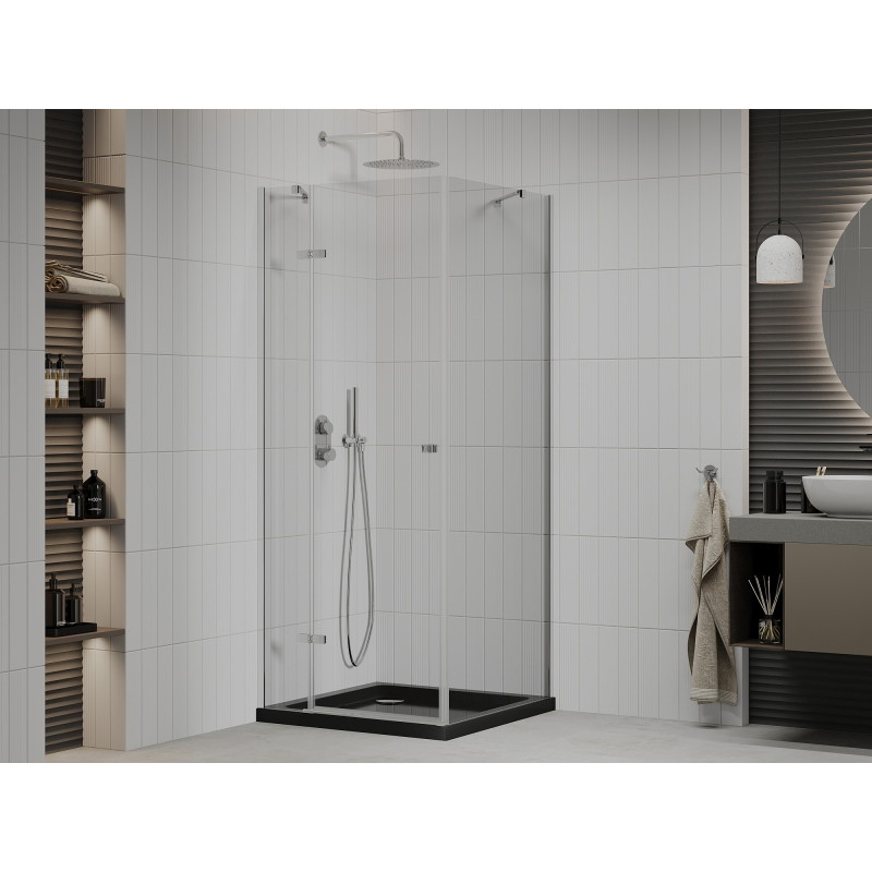 Mexen Roma swing shower cabin 80 x 80 cm, transparent, chrome + Flat shower tray, black - 854-080-080-01-00-4070