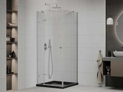 Mexen Roma cabine de douche pivotante 80 x 80 cm, transparent, chrome + receveur Flat, noir - 854-080-080-01-00-4070
