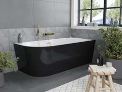 Mexen Mia freistehende Eckbadewanne rechts 160 x 80 cm, weiß/schwarz, Überlauf gebürstet gold - 52691608075P-55