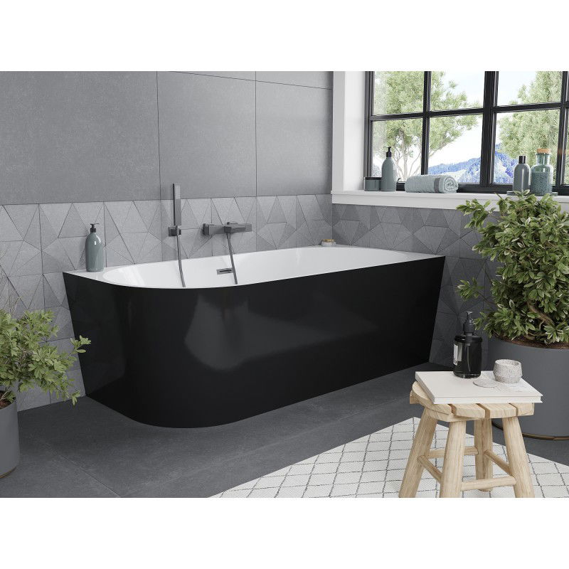Mexen Mia baignoire îlot d'angle droite 160 x 80 cm, blanche/noire, trop-plein gun gris brossé - 52691608075P-66