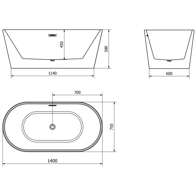 Mexen Luna freistehende Badewanne 140 x 75 cm, weiß, Überlauf weiß - 52031407500-20