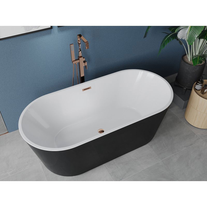 Mexen Luna vasca da bagno autoportante 140 x 75 cm, bianca/nera, troppopieno oro rosa - 52031407575-60