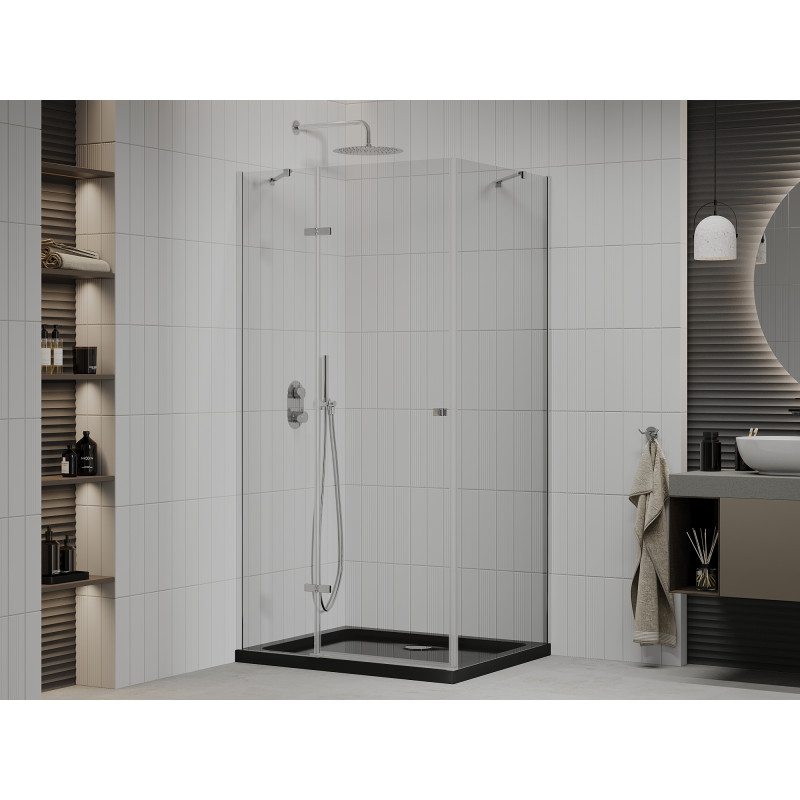 Mexen Roma nihajna tuš kabina 80 x 100 cm, prozorna, krom + Flat tuš kad, črna - 854-080-100-01-00-4070