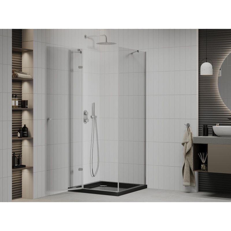 Mexen Roma draaideur douchecabine 90 x 90 cm, transparant, chroom + zwarte Flat douchebak - 854-090-090-01-00-4070