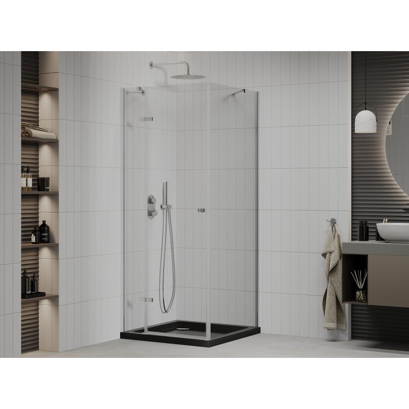 Mexen Roma kabina prysznicowa uchylna 90 x 90 cm, transparent, chrom + brodzik Flat, czarny - 854-090-090-01-00-4070