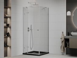 Mexen Roma preklopna tuš kabina 90 x 90 cm, transparentna, kromirana + Flat tuš kada, crna - 854-090-090-01-00-4070