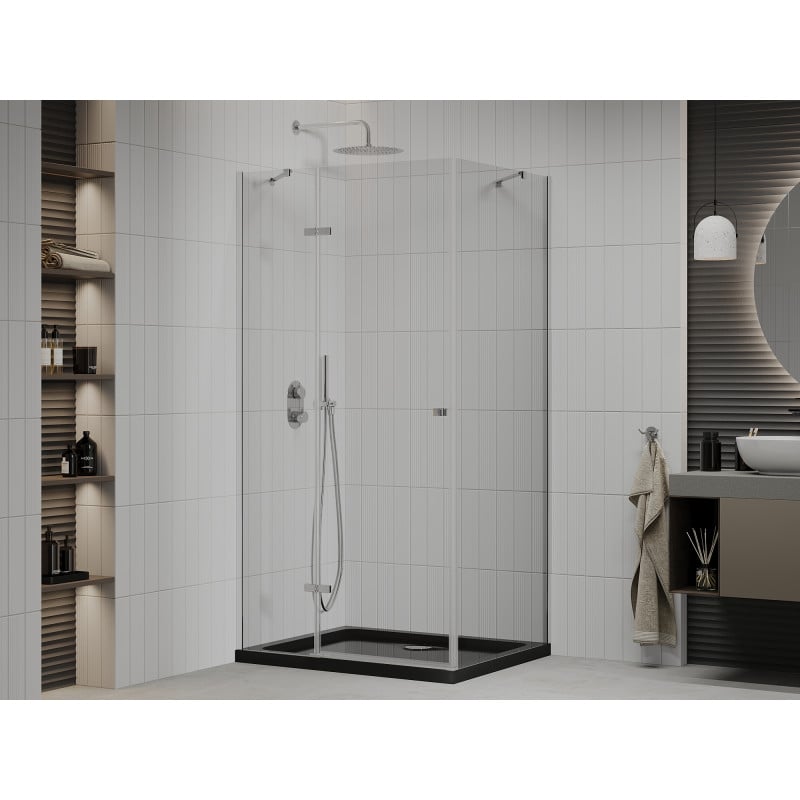 Mexen Roma cabine de duche oscilante 90 x 100 cm, transparente, cromada + base de duche Flat, preta - 854-090-100-01-00-4070