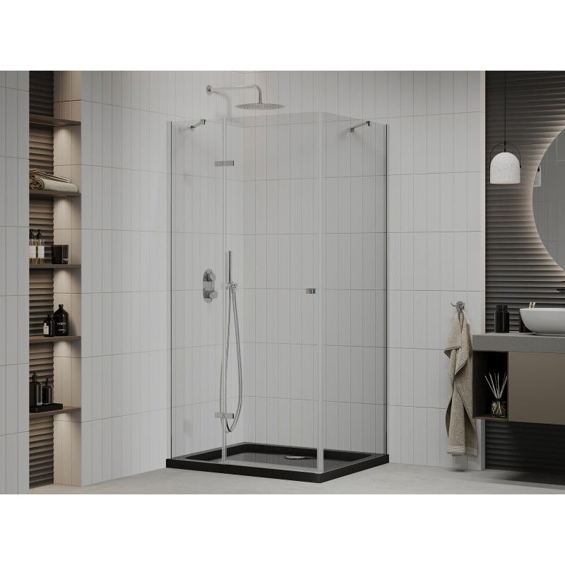 Mexen Roma cabina doccia con porta battente 120 x 80 cm, trasparente, cromo + piatto doccia Flat, nero - 854-120-080-01-00-4070