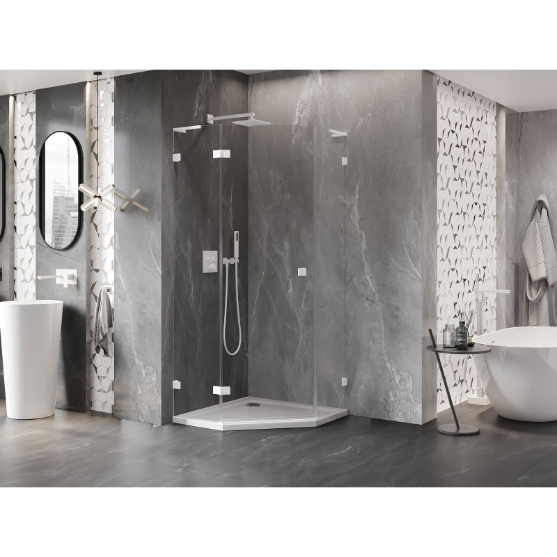 Mexen Lunar L fënnefkantink Douchekabinn Lénk Swéngdier 80 x 80 cm, transparent, wäiss - 831L-080L-080P-20-00-L