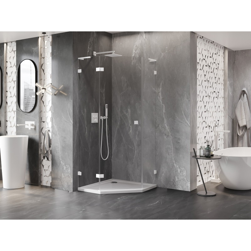 Mexen Lunar L petkotna leva nihajna tuš kabina 90 x 90 cm, prozorna, bela - 831L-090L-090P-20-00-L