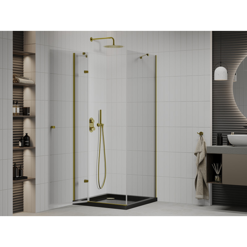 Mexen Roma draaideur douchecabine 80 x 80 cm, transparant, goud + Flat douchebak, zwart - 854-080-080-50-00-4070G