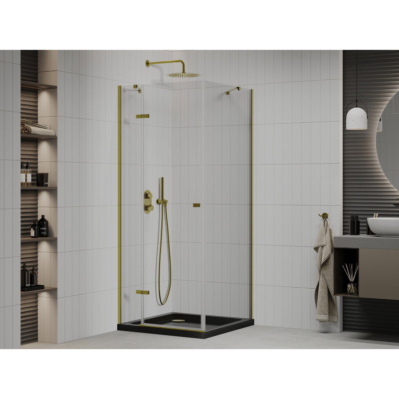Mexen Roma 80 x 80 cm pivot shower enclosure, transparent, gold + Flat tray, black - 854-080-080-50-00-4070G