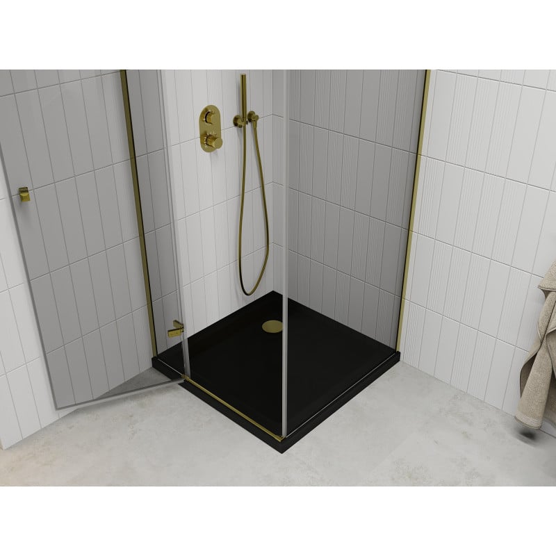 Mexen Roma cabina doccia a battente 90 x 90 cm, trasparente, oro + piatto Flat, nero - 854-090-090-50-00-4070G