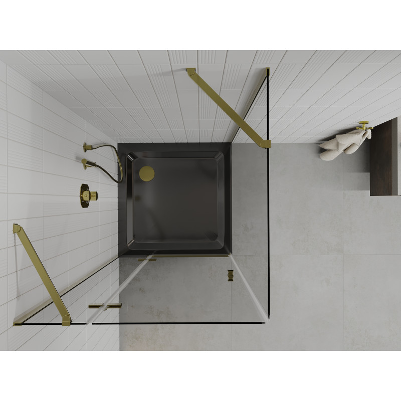 Mexen Roma cabine de douche pivotante 90 x 90 cm, transparente, or + receveur Flat, noir - 854-090-090-50-00-4070G