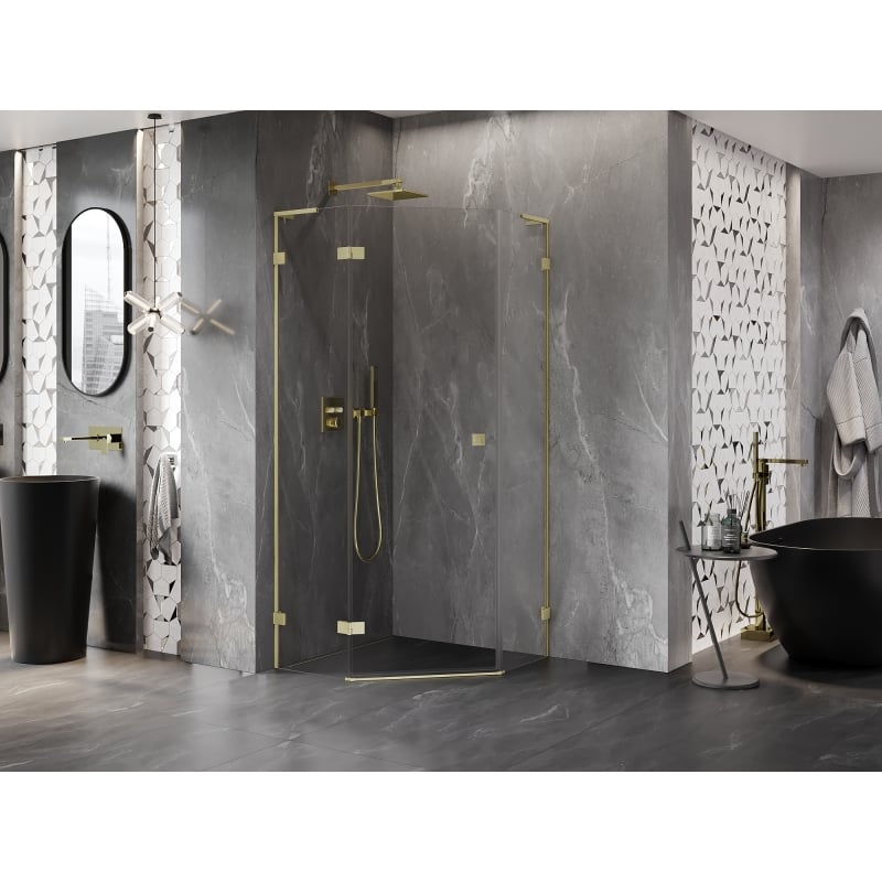 Mexen Lunar L pentagon shower cabin hinged left 100 x 100 cm, transparent, brushed gold - 831L-100L-100P-55-00-L