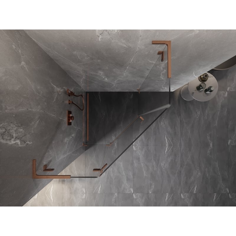 Mexen Lunar L cabina de ducha pentagonal abatible izquierda 100 x 100 cm, transparente, cobre cepillado - 831L-100L-100P-65-00-L