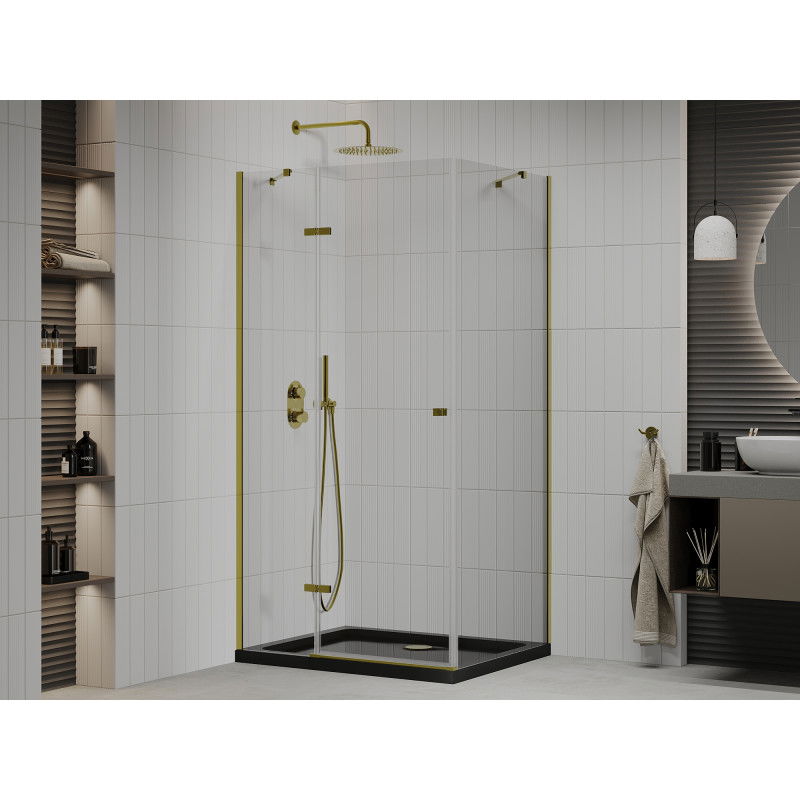 Mexen Roma cabina de ducha abatible 100 x 90 cm, transparente, dorado + plato Flat, negro - 854-100-090-50-00-4070G