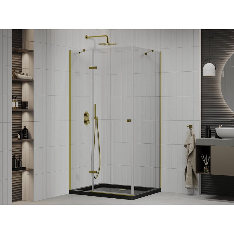 Mexen Roma cabine de douche pivotante 100 x 90 cm, transparente, dorée + receveur Flat, noir - 854-100-090-50-00-4070G