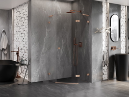 Mexen Lunar L vijfhoekige douchecabine scharnierend rechts 80 x 80 cm, transparant, geborsteld koper - 831L-080P-080L-65-00-P