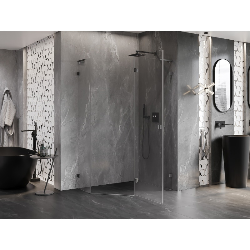 Mexen Lunar L viie nurga pööratav parempoolne dušinurk 90x80 cm, läbipaistev, harjatud relvatoon - 831L-090P-080L-66-00-P