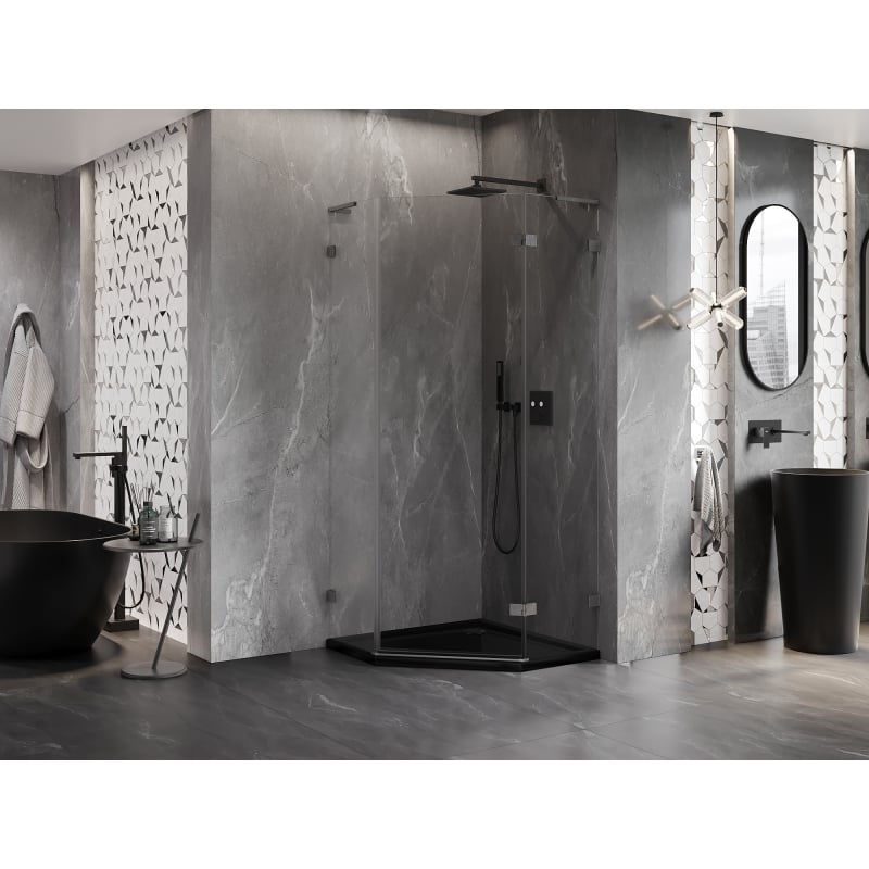 Mexen Lunar L petokutna tuš kabina s desnim otvaranjem 90x90 cm, prozirna, brušeni gun sivi - 831L-090P-090L-66-00-P