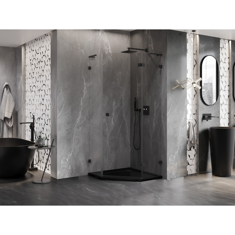 Mexen Lunar L petokutna tuš kabina s okretnim vratima desna 90 x 90 cm, prozirna, crna - 831L-090P-090L-70-00-P
