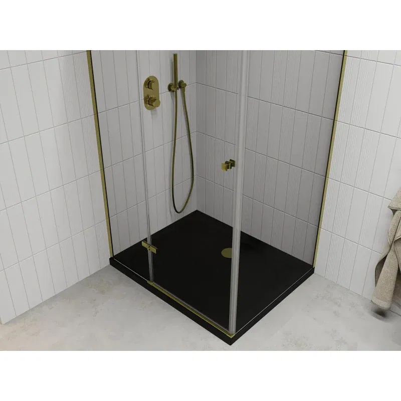 Mexen Roma Duschkabine schwenkbar 120 x 90 cm, transparent, gold + Flat Duschwanne, schwarz - 854-120-090-50-00-4070G