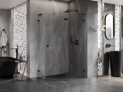 Mexen Lunar L vijfhoekige douchecabine, rechts scharnierend 100 x 90 cm, transparant, zwart - 831L-100P-090L-70-00-P