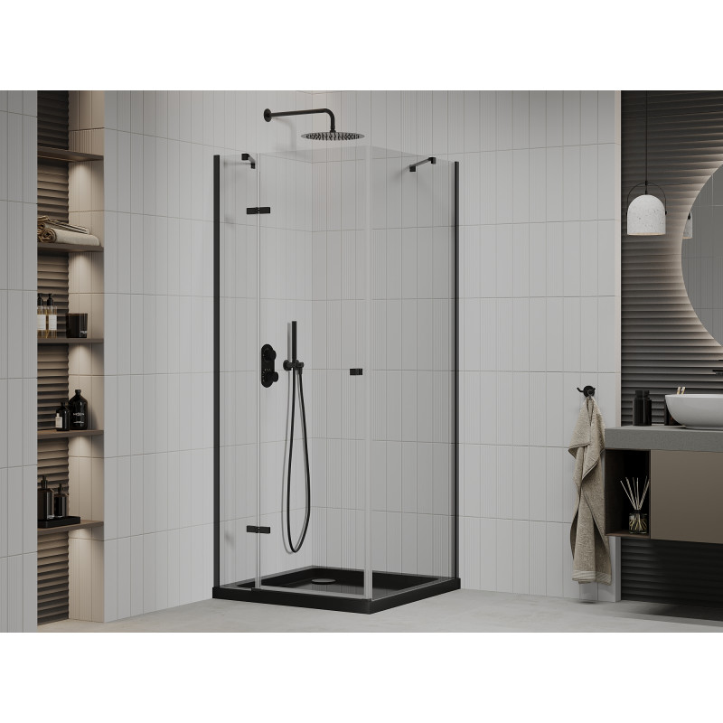 Mexen Roma cabina de ducha abatible 80 x 80 cm, transparente, negra + plato de ducha Flat, negro - 854-080-080-70-00-4070B