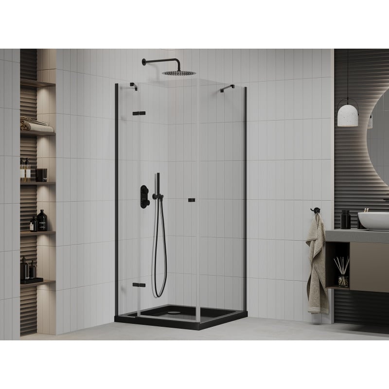 Mexen Roma cabina doccia apribile 80 x 80 cm, trasparente, nera + piatto doccia Flat, nero - 854-080-080-70-00-4070B