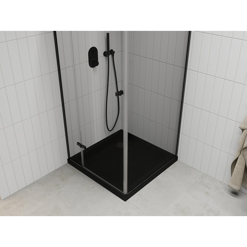Mexen Roma swinging shower enclosure 80 x 80 cm, transparent, black + Flat shower tray, black - 854-080-080-70-00-4070B