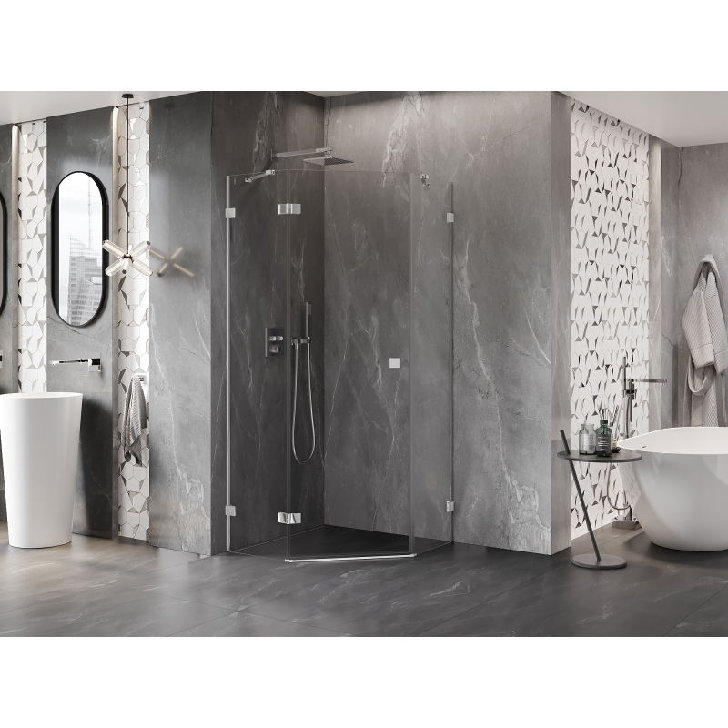 Mexen Lunar vijfhoekige douchecabine scharnierend links 100 x 100 cm, transparant, chroom - 831-100L-100P-01-00-L