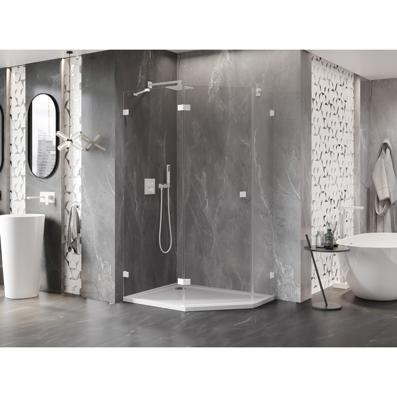 Mexen Lunar petokutna tuš kabina s nagibnim lijevim vratima 90 x 80 cm, prozirna, bijela - 831-090L-080P-20-00-L