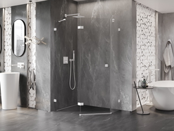 Mexen Lunar Fënnef Ecker Duschkabine lénks opdrehbar 90 x 80 cm, transparent, wäiss - 831-090L-080P-20-00-L