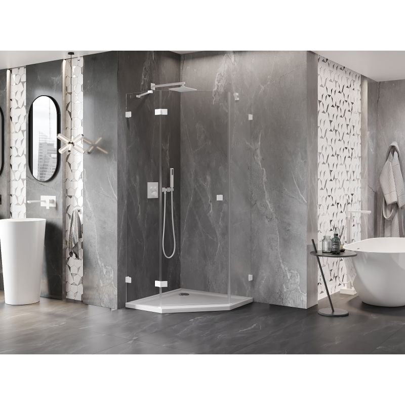 Mexen Lunar cabina doccia pentagonale battente sinistra 100 x 100 cm, trasparente, bianca - 831-100L-100P-20-00-L