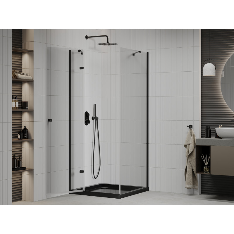 Mexen Roma cabina de ducha abatible 90 x 90 cm, transparente, negra + plato de ducha Flat, negro - 854-090-090-70-00-4070B